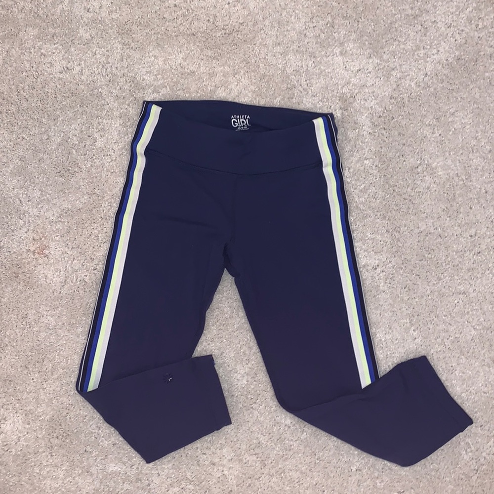 Athleta Girl Navy Blue Capris With Yellow and Blue Stripes Down The Side